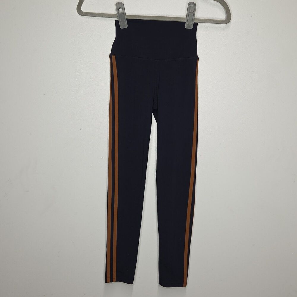 Splits59 Womens XS High Rise Navy Blue Tan Side Stripe Athletic Leggings E8115